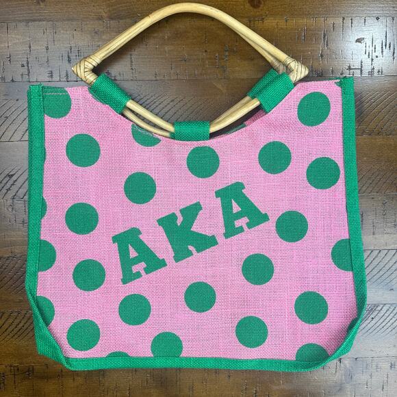 Greek Sorority Alpha Kappa Alpha Pola Dot Straw Tote AKA Picnic Bag Wood Handles - Picture 11 of 11